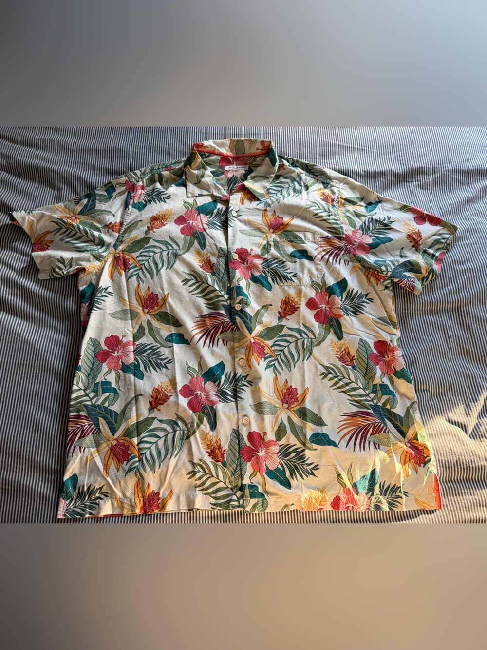 Tommy Bahama Cream Tropical Button-Down Shirt with Pink,Green and Teal Accents